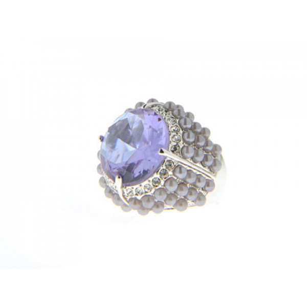 Platinum Plated Bombe Ring with a Purple Swarovski Crystal and Grey Pearls