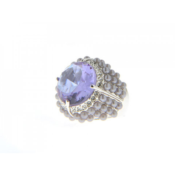 Επιπλατινωμένο Μπομπέ Δαχτυλίδι με Λιλά Swarovski και Γκρι Πέρλες Επιπλατινωμένο Μπομπέ Δαχτυλίδι με Λιλά Swarovski και Γκρι Πέρλες