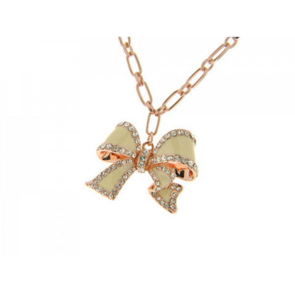 Pink Gold Plated Bow Necklace with White Sapphires and White Enamel