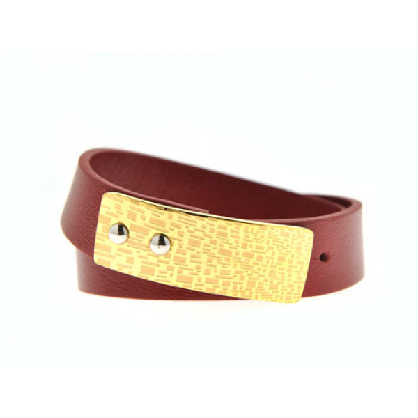 Glam Rock Double Wrap Bracelet made of Red Leather with a Gold Plated Stainless Steel Strap