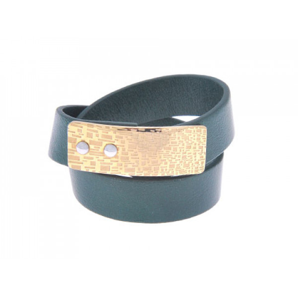 Rock Glam Double Bracelet with Green Leather and Gold Plated Stainless Steel Strap