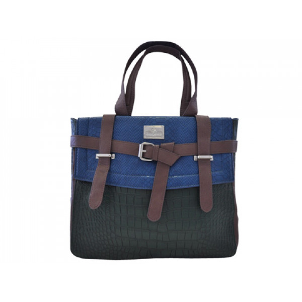 Large Handbag with Blue and Green Croco Leatherette