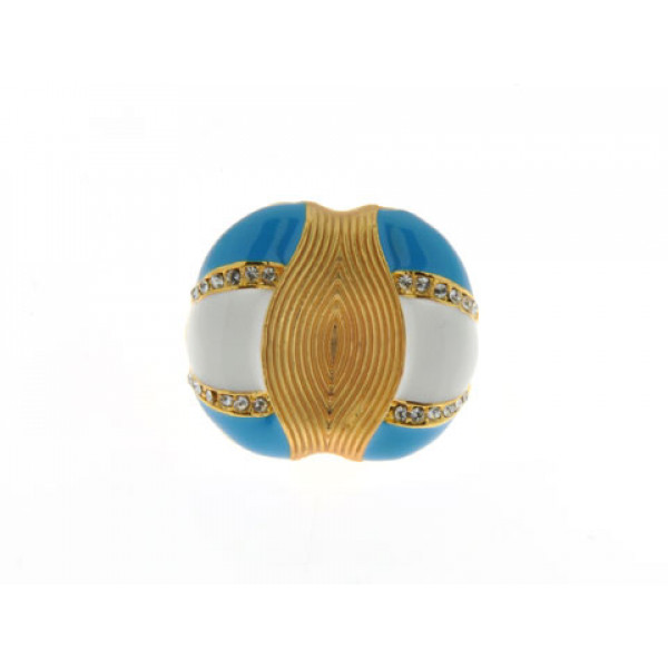 Statement Ring with Gold Plating, White Sapphires, Blue and White Enamels