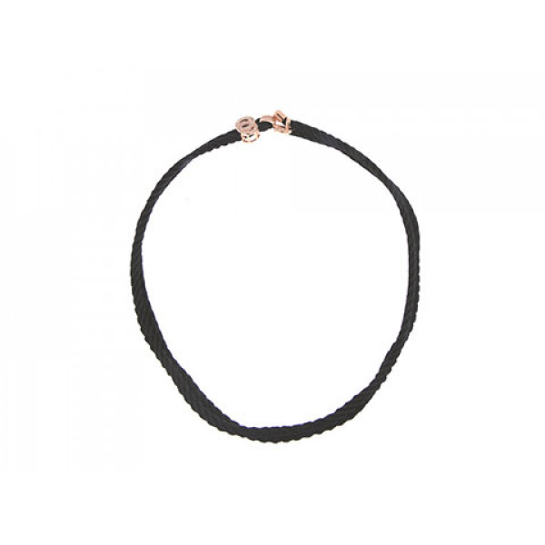 Black cord necklace-bracelet with a rose gold plated silver item and white sapphires