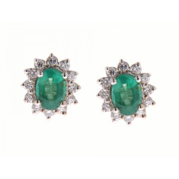 White Gold Stud Earrings adorned with Emeralds and a Diamond Halo