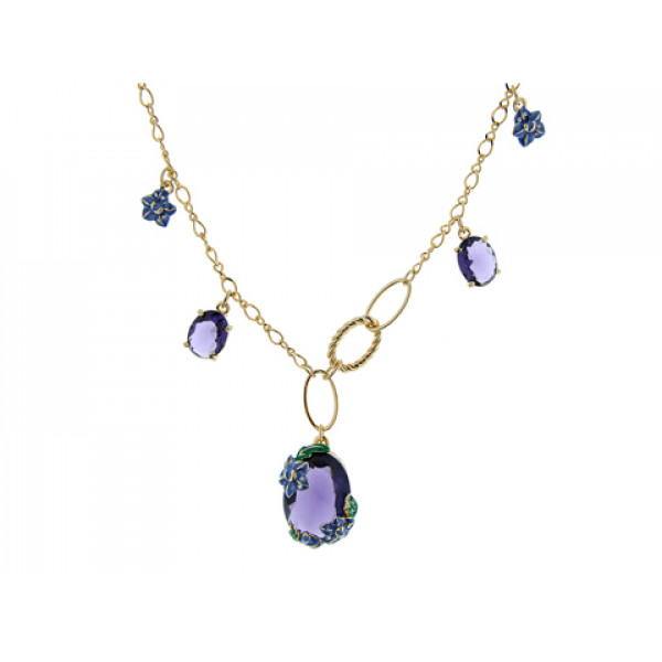 Gold Plated Necklace with Lab-Created Amethysts, White Sapphires and Green Enamels
