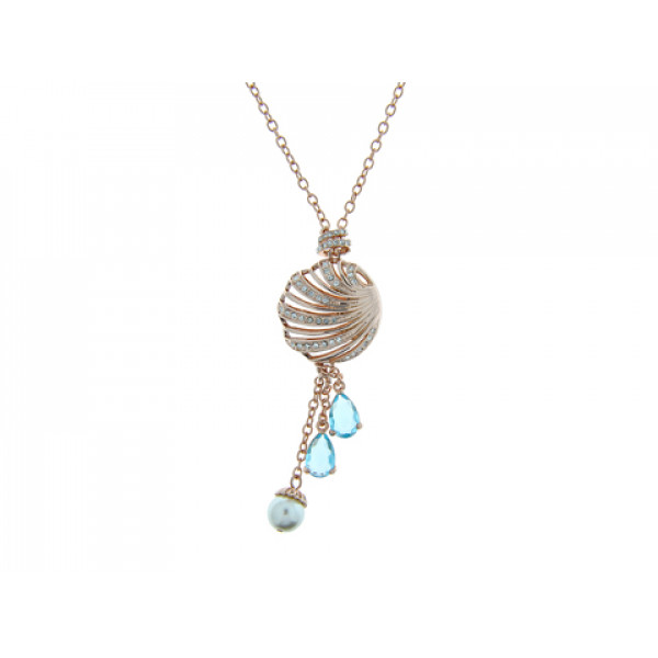 Rose Gold Plated Summer Necklace with White Sapphire, Pearl and Aquamarine