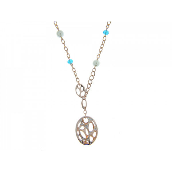 Necklace with Aquamarine, White Majorica Pearls, White Sapphires and Pink Gold Plating