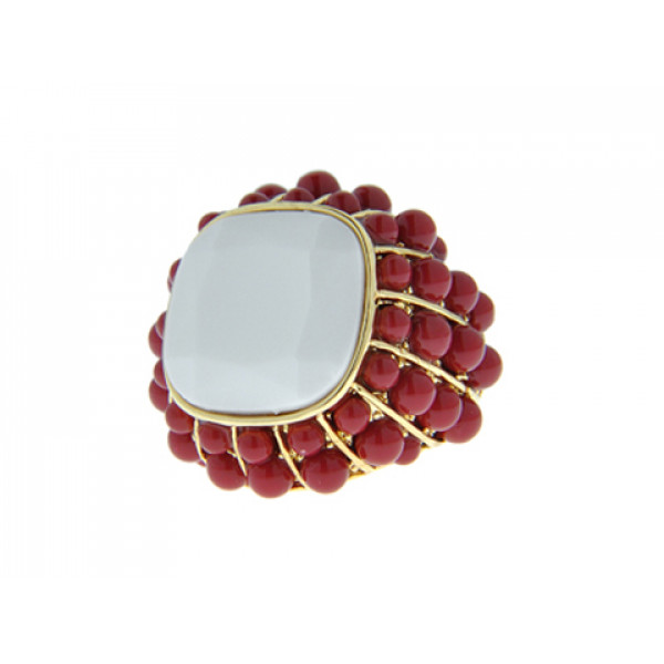Gold Plated Bombe Ring with White Agate and Red Corals