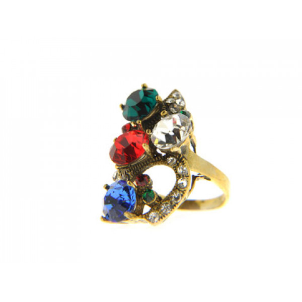 Statement Ring with Gold Plating, Smaragdite, Rubellite, Blue and White Sapphires