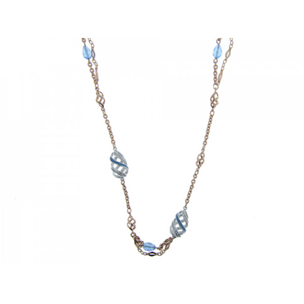 Necklace with Aquamrines, White Sapphires and Blue Enamels with Pink Gold Plating