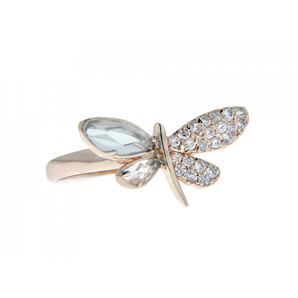 Pink Gold Plated Dragonfly Ring with an Aquamarine and White Sapphires