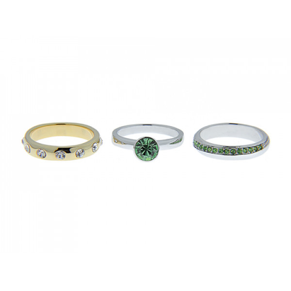 Set of three rings with platinum and gold plating decorated with white sapphires and lab created emeralds