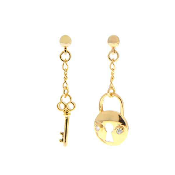 Earrings Padlock and Key with Gold Plating and White Sapphires