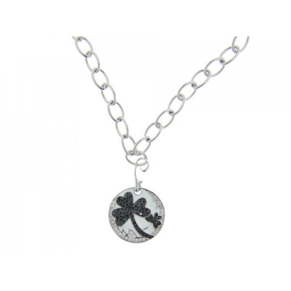 Platinum Plated Clover Pendant with White and Black Sapphires