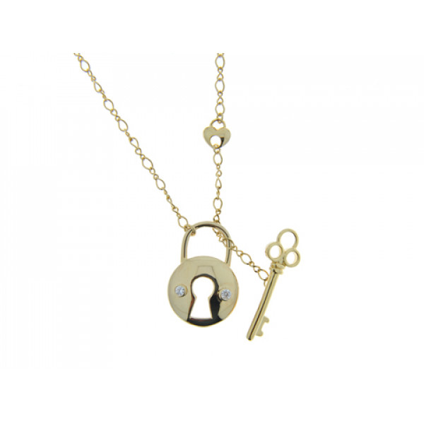 Padlock and Key Pendant with Gold Plating and White Sapphires