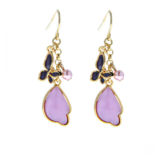 Gold Plated Dangle Butterfly Earrings adorned with Pink Quartz, Pink Mallorca Pearls, and Purple Enamels
