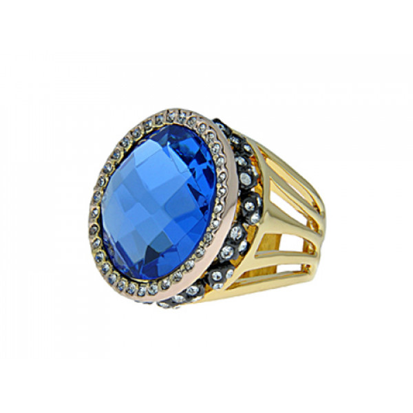 Gold Plated Ring decorated with an Aquamarine, White Sapphires and Black Enamel