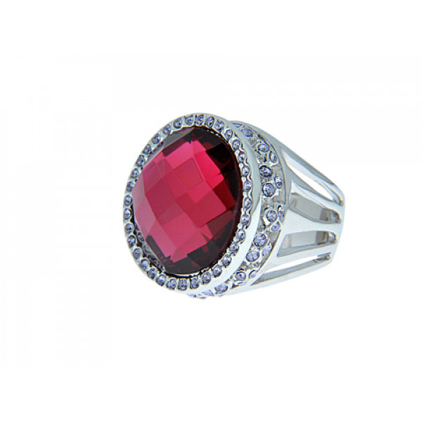 Bombe Platinum Plated Ring with a Red Swarovski Crystal and White Sapphires