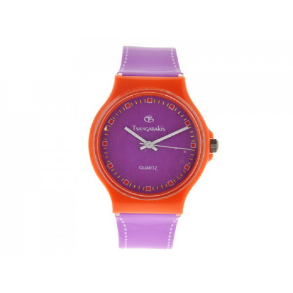 Kid's watch with a purple silicone strap and orange case