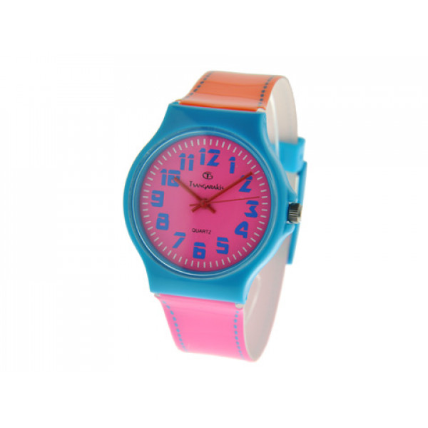 Kid's Watch with an Orange and Pink Strap, Blue Case, and Pink Dial