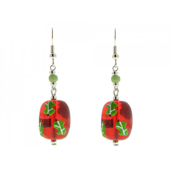 Dangle Earrings with Red Murano Beads and Green Enamel from the Christmas Time Collection by Marilou