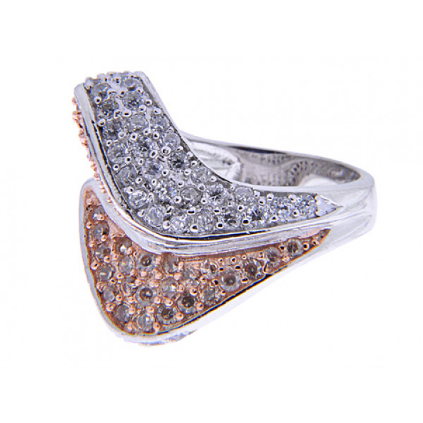 Silver Ring with Pink Gold Plated Details adorned with White Sapphires