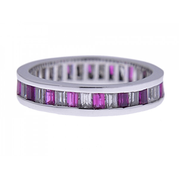 Eternity Ring in Platinum Plated Silver with White Sapphires and lab created Rubies