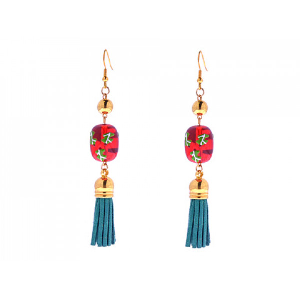 Christmas Earrings with Red Murano Beats and Green Suede Tassels