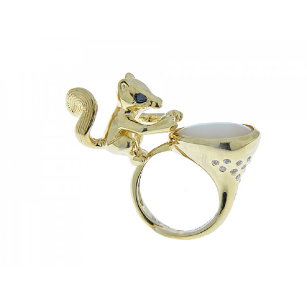 Gold Plated Ring with a Squirrel, Mother of Pearl and White Sapphires