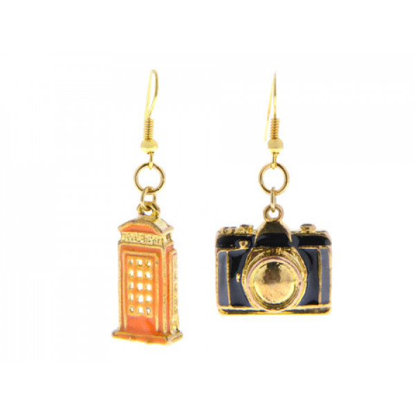 Dangle Earrings with Gold Plating and a Black Camera and an Orange Telephone Booth