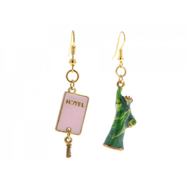 Gold Plated Dangle Earrings with the Statue of Liberty and a Hotel Entry Card with Key