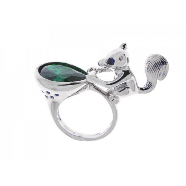 Squirrel Platinum Plated Ring with an Emerald and White Sapphires