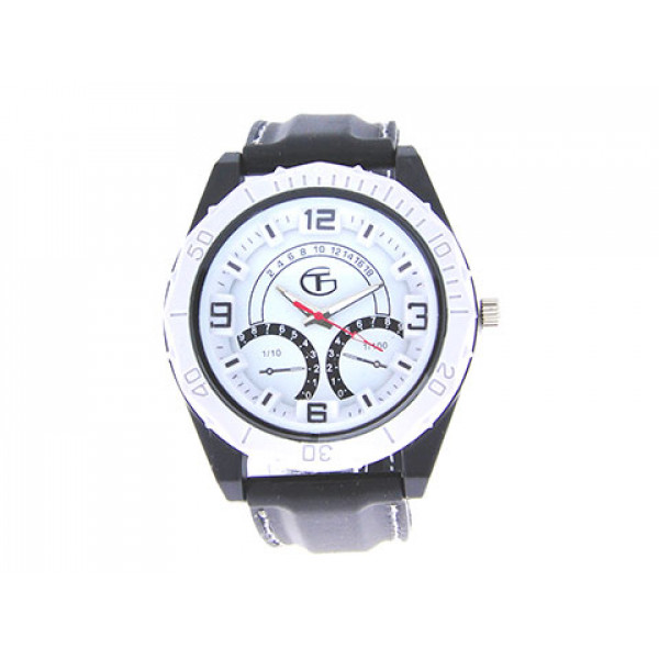 Stainless Steel Watch with a White Dial and Black Rubber Strap with White Seems