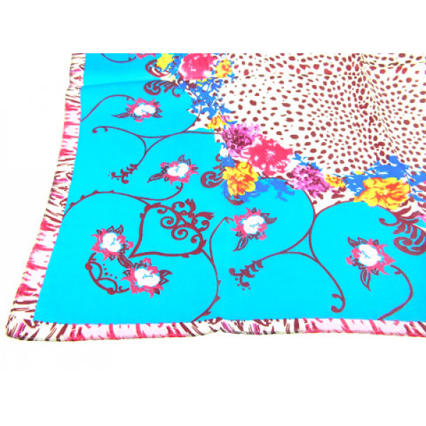 Floral Square Silk Scarf in Light Blue, Beige, and Burgundy Color