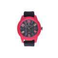 Water resistant stainless steel GT watch with a red dial and a black silicone strap