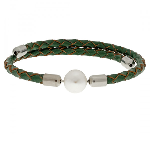 Green Leather Bracelet with a Fresh Water Pearl