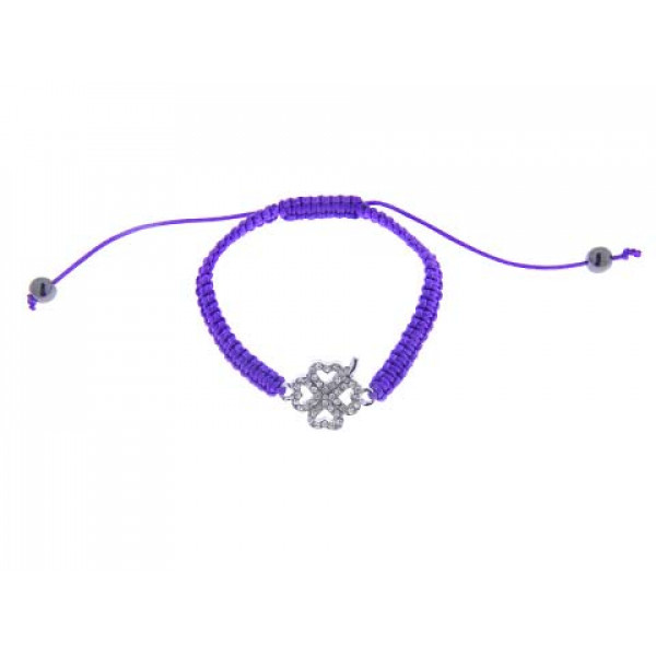 Purple Crochet Bracelet with a metallic Four Leaf Clover with White Sapphires