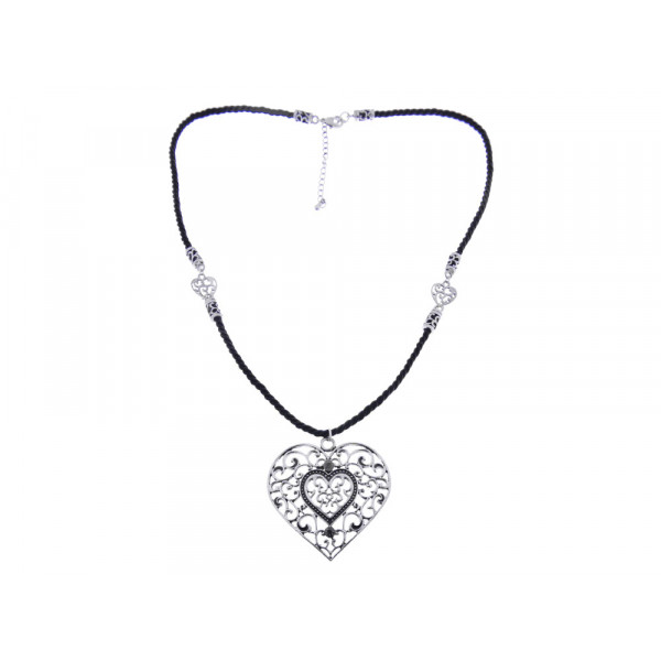 Necklace with a thick black cord and a metal perforated heart with white sapphires from the collection "BE MINE" by Marilou