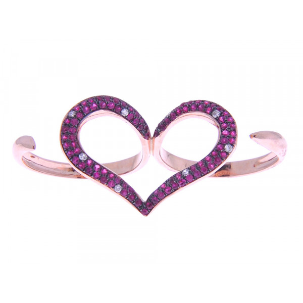 Pink Gold Double Ring in a Heart Design adorned with Rubies and Diamonds