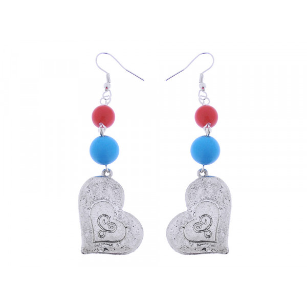 Dangle Earrings with Metallic Hearts and a Turquoise and a Coral Bead