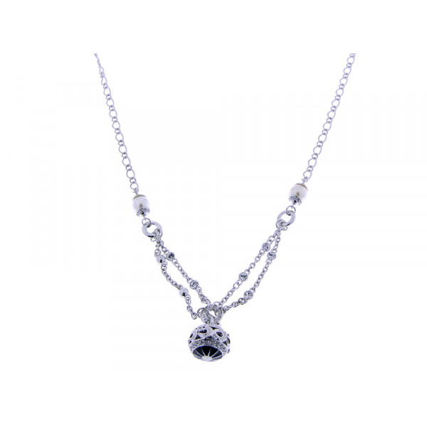 Long Necklace with Platinum Plating, White Sapphires, Pearls and Black Enamels