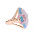 Gold Plated Bombe Ring with Mother of Pearl, Pink Quartz and Light Blue Enamels