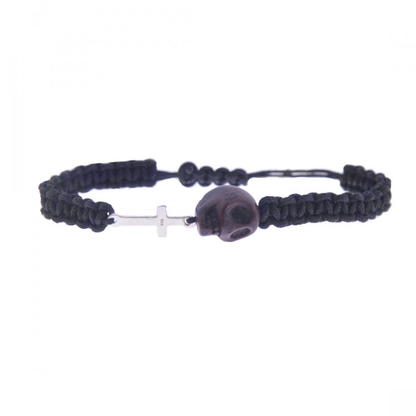 Black Crochet Bracelet with a Silver Cross and a Howlite Skull