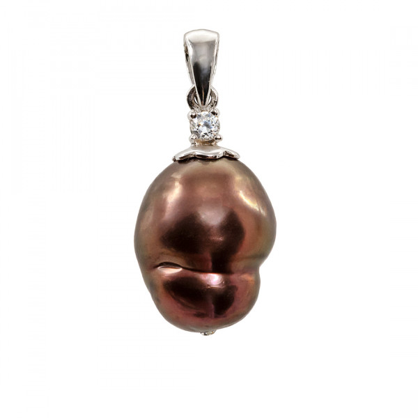 Silver Pendant with an Aubergine South Sea Baroque Pearl and White Sapphires