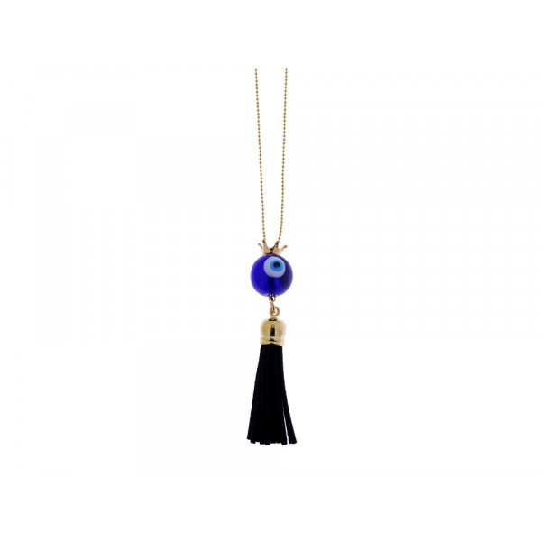 Long Necklace with a Blue Evil Eye and a Gold Plated Crown