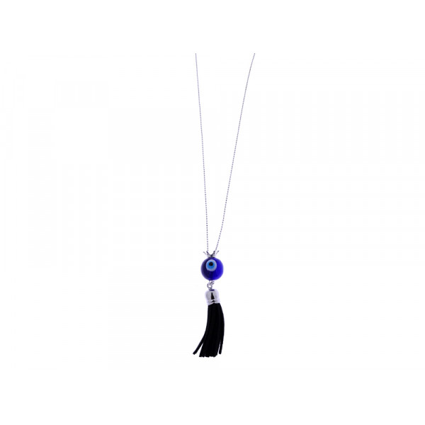 Long Necklace with a Blue Evil Eye and a Silver Plated Crown