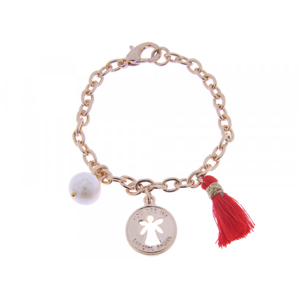 Gold plated Stainless Steel Bracelet with pearl, red tassel and a charm with an angel from the Christmas Time Collection by Marilou
