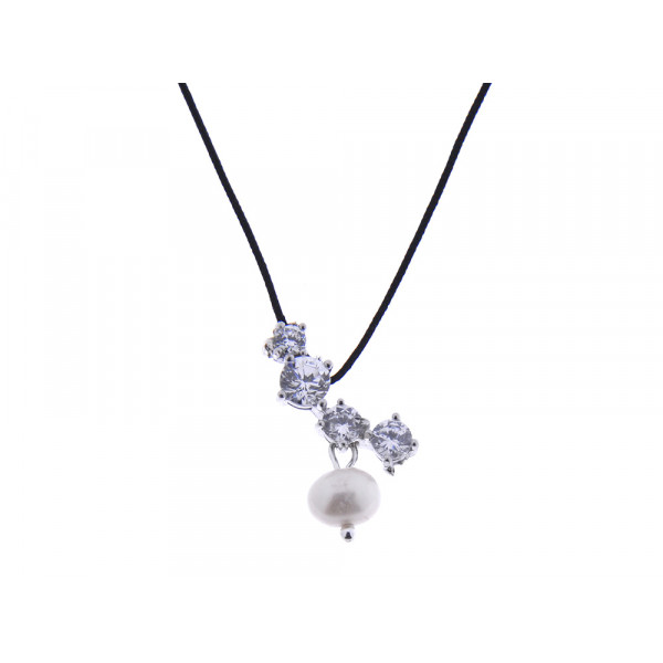 Platinum plated silver pendant with a baroque pearl on black silk thread