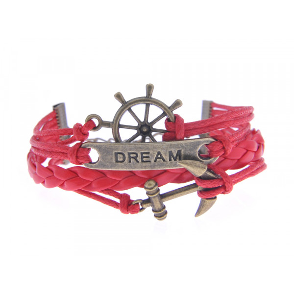 Bracelet with Charms Wheel, Anchor and the Word Dream on Red Leather